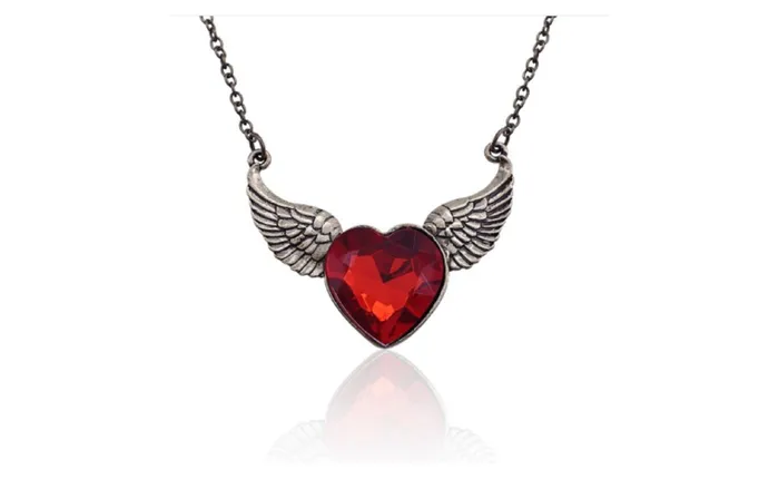 sparklingselections Necklaces Red Rhinestone Antique Gold Plated Angel Wings Heart Pendant Necklace sparklingselections Necklaces Red Rhinestone Antique Gold Plated Angel Wings Heart Pendant Necklace