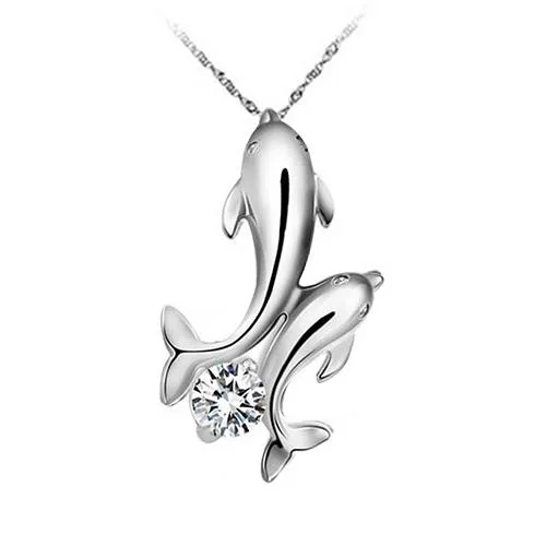 sparklingselections Necklaces Silver Plated Double Dolphins Pendant Necklace sparklingselections Necklaces Silver Plated Double Dolphins Pendant Necklace