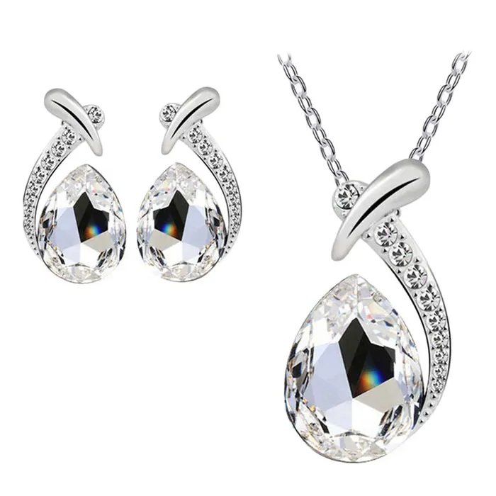 sparklingselections Necklaces Stylish Crystal Silver Pendant Necklace Stud Earring Jewelry Set sparklingselections Necklaces Stylish Crystal Silver Pendant Necklace Stud Earring Jewelry Set