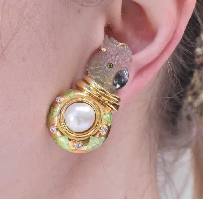 Elizabeth Gage Carved Tourmaline Diamond Pearl Enamel Gold Parrot Earrings Elizabeth Gage Earrings