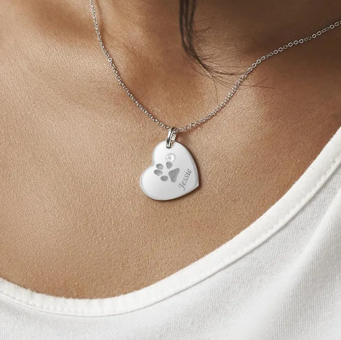 EverWith EverWith Engraved Heart Pawprint Memorial Pendant with Fine Crystal Necklaces