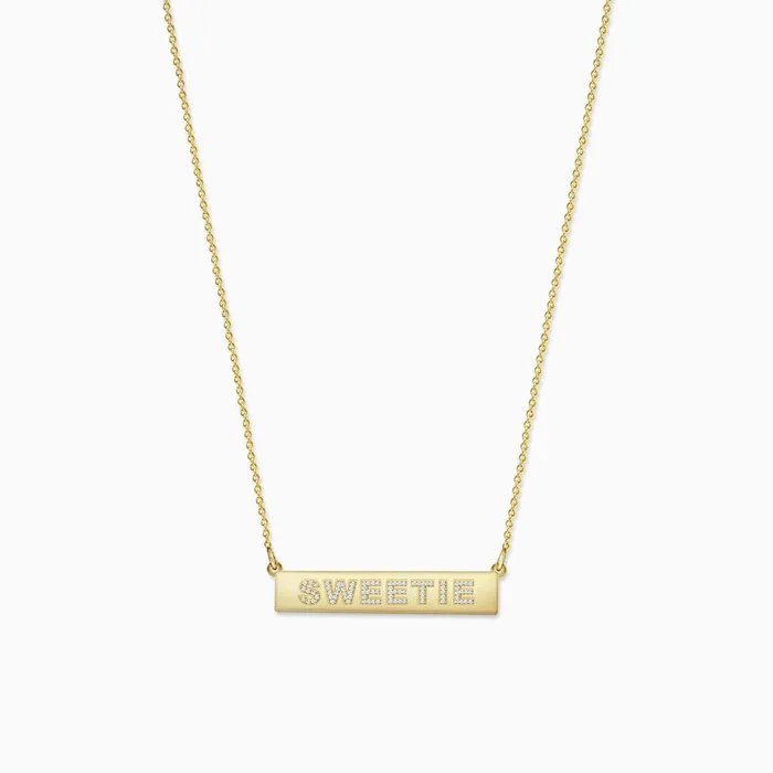 Necklaces Sandy Steven Engravers Engravable 125 inch 14k Gold Diamond SWEETIE Horizontal Name Bar Necklace Necklaces Sandy Steven Engravers Engravable 125 inch 14k Gold Diamond SWEETIE Horizontal Name Bar Necklace