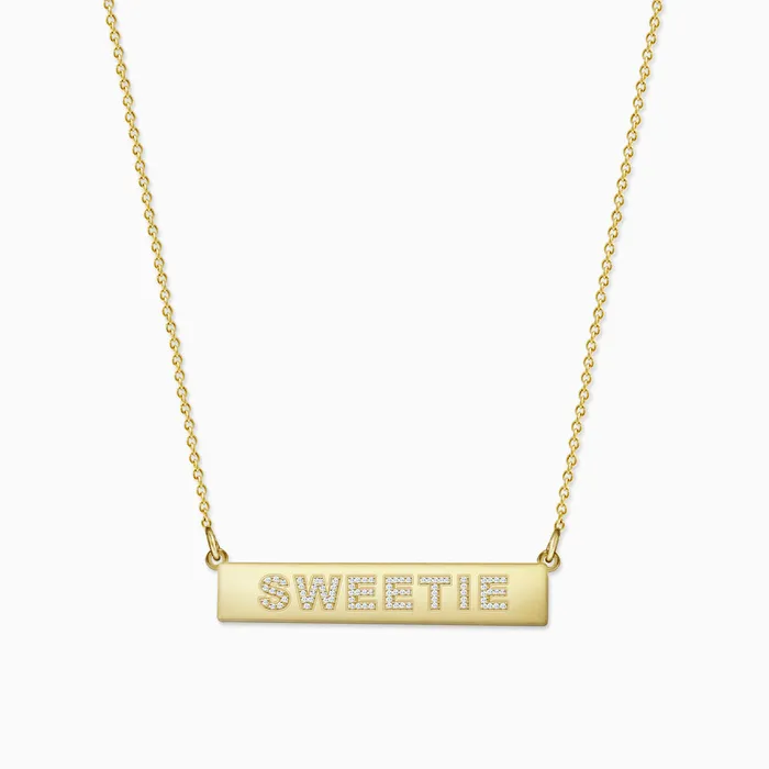 Necklaces Sandy Steven Engravers Engravable 125 inch 14k Gold Diamond SWEETIE Horizontal Name Bar Necklace