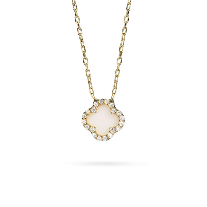 Necklaces Senso Gold Womens gold necklace with clover white onyx and zircons