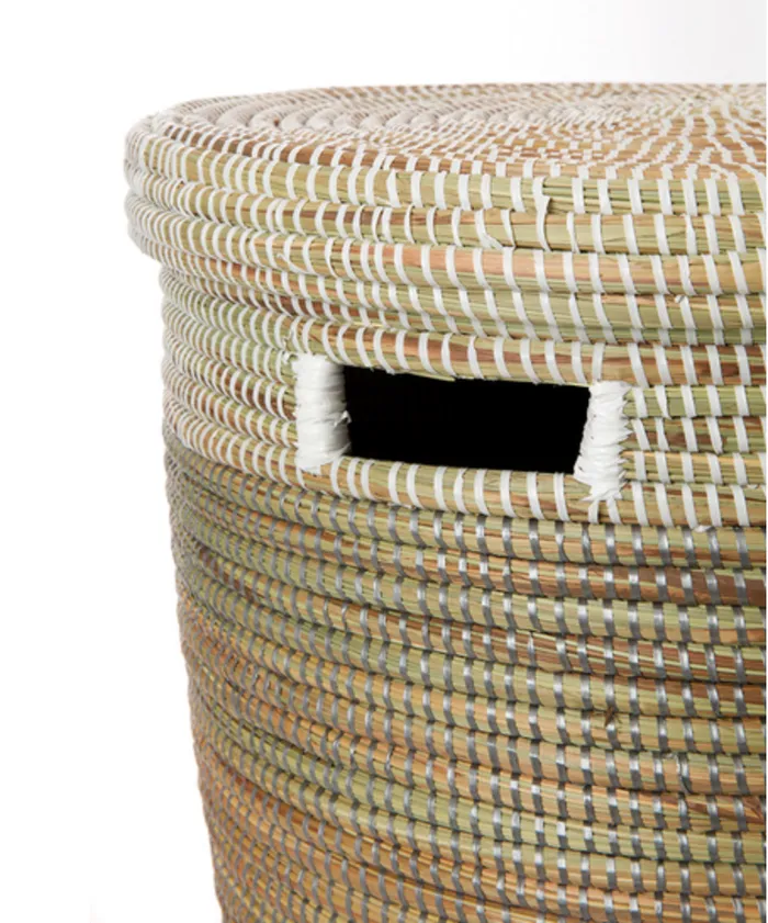 Rings Swahili African Modern Brown Silver and White Handwoven Cattail Flat Lid Storage Basket Fair Trade