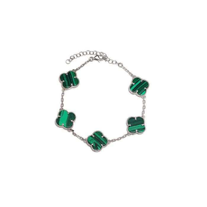Womens silver bracelet with 5 malachite clovers 16cm Senso Silver Bracelets