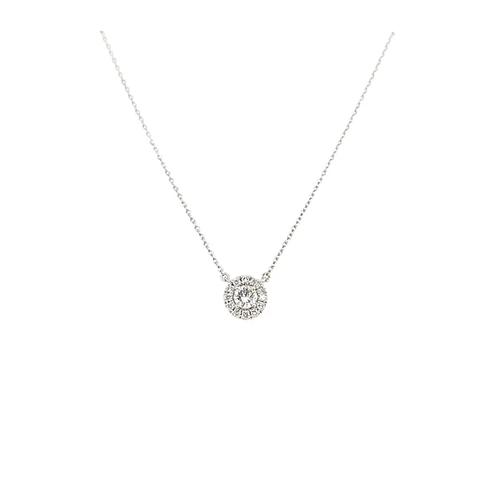 14k White Gold Diamond Halo Solitaire Necklace I7420 Bassali Necklaces