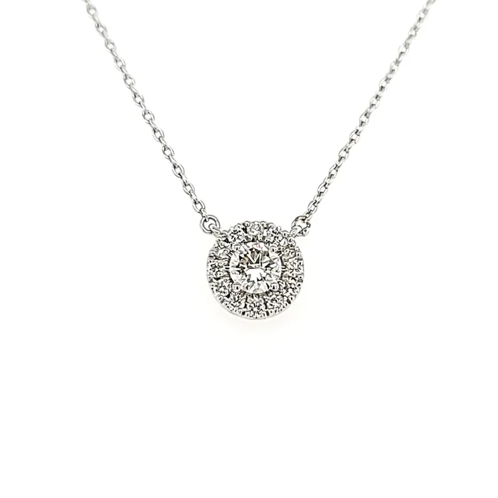 14k White Gold Diamond Halo Solitaire Necklace I7420 Bassali Necklaces