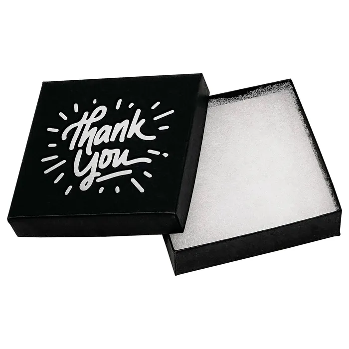 3 12 x 3 12 Black and Silver Thank You Cotton Filled Box JPIDisplay Necklaces 3 12 x 3 12 Black and Silver Thank You Cotton Filled Box JPIDisplay Necklaces