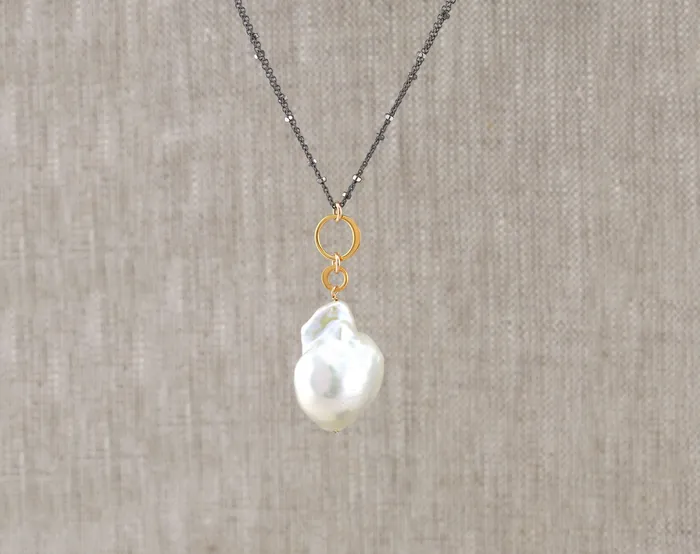 AVF Necklaces AVF Gold Oxidized Silver White Baroque Pearl Necklace SI7006