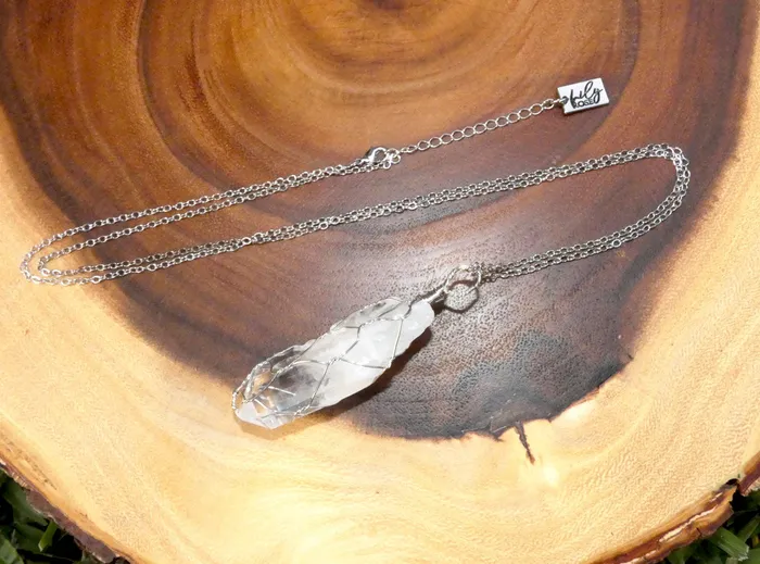 Basket Weave Wire Wrapped Crystal Clear Quartz Raw Pendant 30 White Gold Necklace Lily Rose Jewelry Necklaces