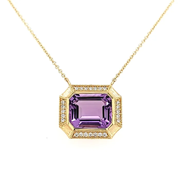 Bassali Necklaces 14k Matte Yellow Gold Amethyst Diamond Necklace I7524