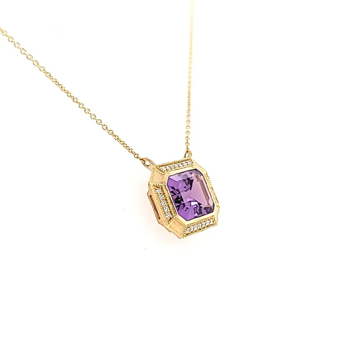 Bassali Necklaces 14k Matte Yellow Gold Amethyst Diamond Necklace I7524