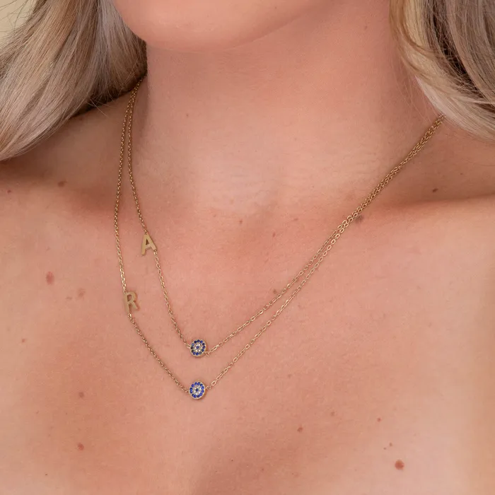 Camile Stone Necklaces Sideways Initial Letter Evil Eye Necklace