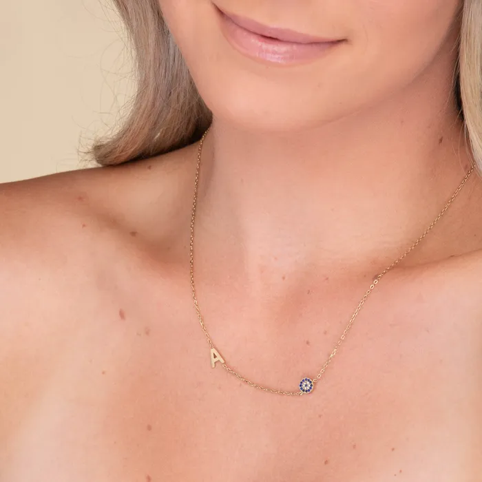 Camile Stone Necklaces Sideways Initial Letter Evil Eye Necklace