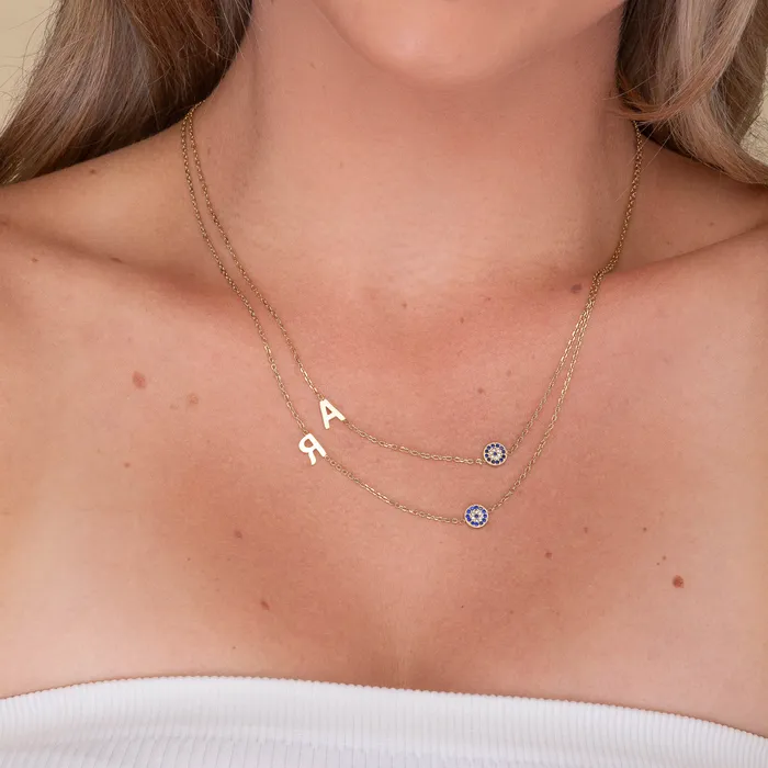 Camile Stone Necklaces Sideways Initial Letter Evil Eye Necklace