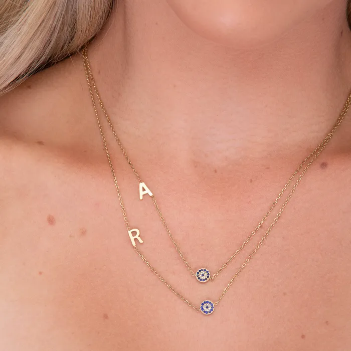 Camile Stone Necklaces Sideways Initial Letter Evil Eye Necklace