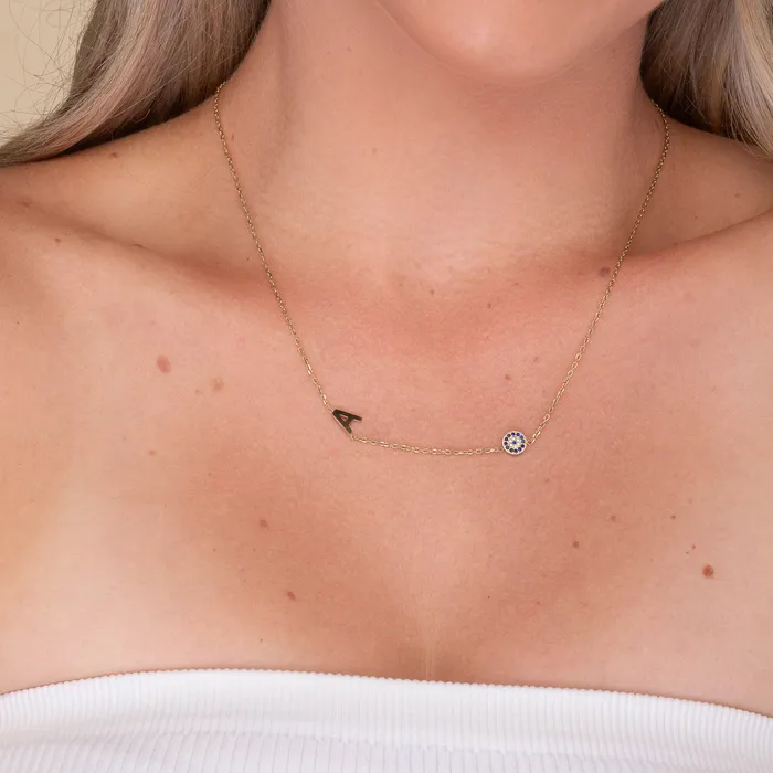 Camile Stone Necklaces Sideways Initial Letter Evil Eye Necklace