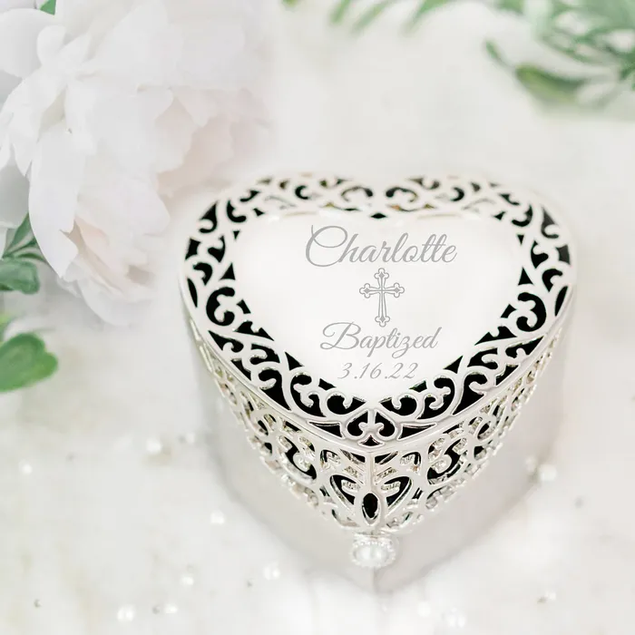 Custom Silver Filigree Heart Jewelry Box with Engraving for Girls Cherished Moments Jewelry Necklaces Custom Silver Filigree Heart Jewelry Box with Engraving for Girls Cherished Moments Jewelry Necklaces