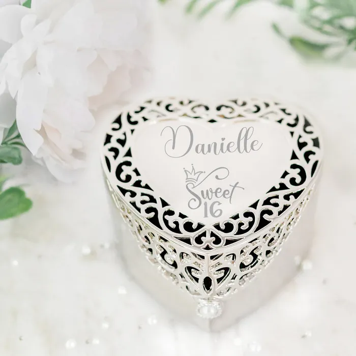Custom Silver Filigree Heart Jewelry Box with Engraving for Girls Cherished Moments Jewelry Necklaces