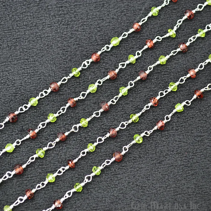 Garnet With Peridot Silver Plated Wire Wrapped Rosary Chain GemmartUSA Necklaces Garnet With Peridot Silver Plated Wire Wrapped Rosary Chain GemmartUSA Necklaces