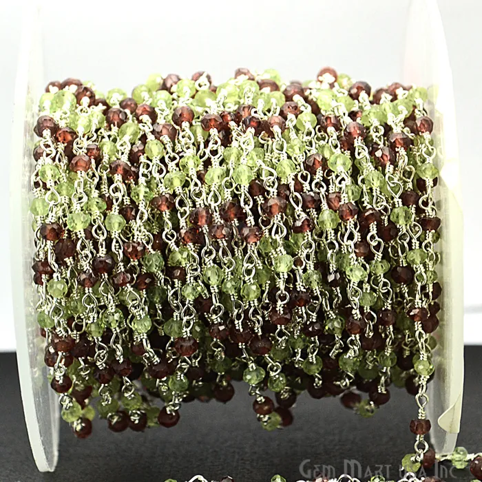 Garnet With Peridot Silver Plated Wire Wrapped Rosary Chain GemmartUSA Necklaces Garnet With Peridot Silver Plated Wire Wrapped Rosary Chain GemmartUSA Necklaces
