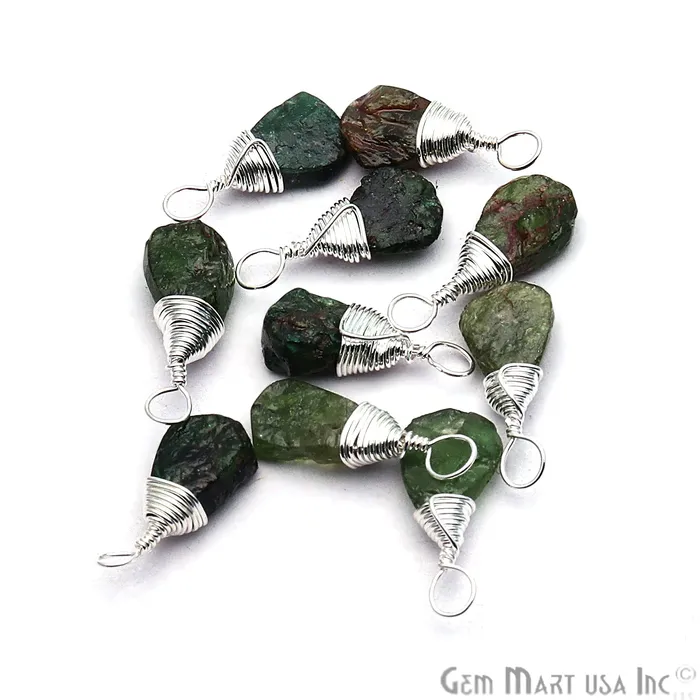 GemmartUSA Earrings Green Garnet Silver Wire Wrapped 15x7mm Jewelry Making Drop Shape Single Bail Connector