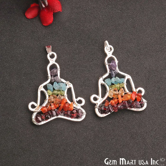 GemMartUSA Multi Color Yogasan 41x32mm Silver Wire Wrapped Pendant Necklaces GemMartUSA Multi Color Yogasan 41x32mm Silver Wire Wrapped Pendant Necklaces