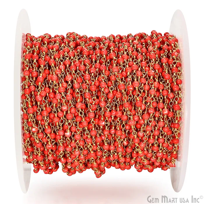 GemMartUSA Necklaces Coral Color Cabochon Beads 2mm Gold Plated Gemstone Rosary Chain GemMartUSA Necklaces Coral Color Cabochon Beads 2mm Gold Plated Gemstone Rosary Chain