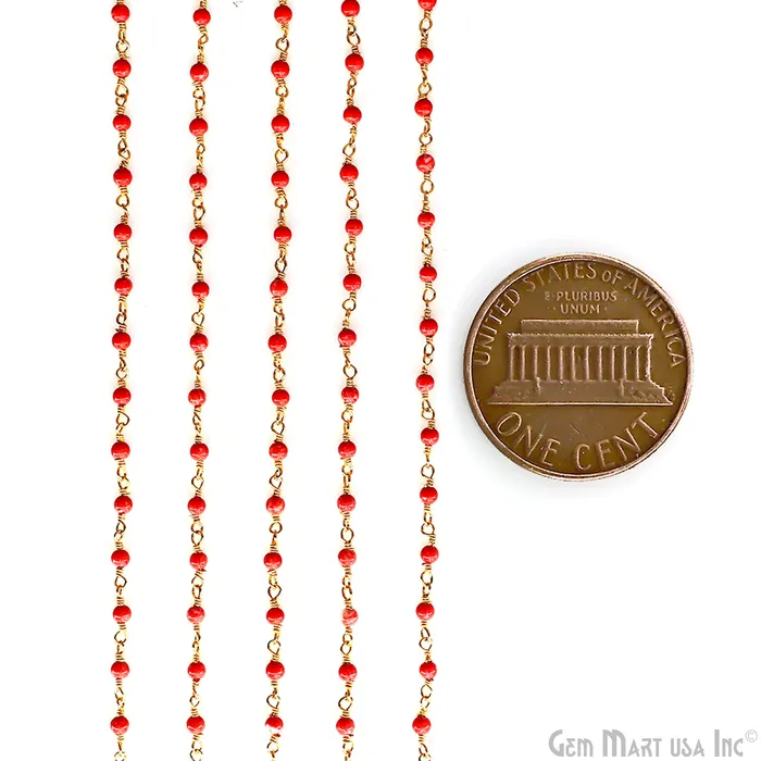 GemMartUSA Necklaces Coral Color Cabochon Beads 2mm Gold Plated Gemstone Rosary Chain GemMartUSA Necklaces Coral Color Cabochon Beads 2mm Gold Plated Gemstone Rosary Chain