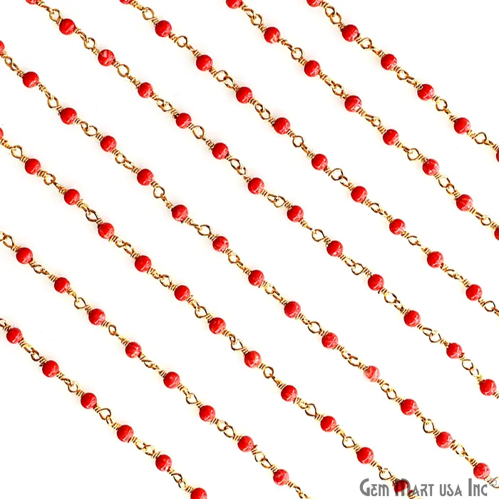 GemMartUSA Necklaces Coral Color Cabochon Beads 2mm Gold Plated Gemstone Rosary Chain GemMartUSA Necklaces Coral Color Cabochon Beads 2mm Gold Plated Gemstone Rosary Chain