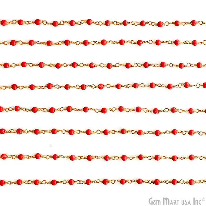 GemMartUSA Necklaces Coral Color Cabochon Beads 2mm Gold Plated Gemstone Rosary Chain GemMartUSA Necklaces Coral Color Cabochon Beads 2mm Gold Plated Gemstone Rosary Chain
