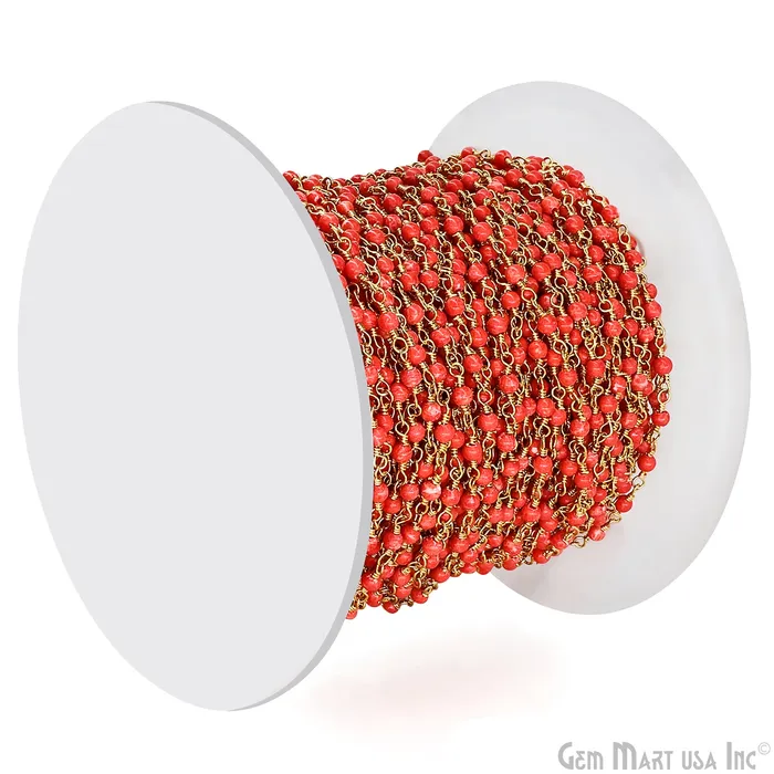 GemMartUSA Necklaces Coral Color Cabochon Beads 2mm Gold Plated Gemstone Rosary Chain GemMartUSA Necklaces Coral Color Cabochon Beads 2mm Gold Plated Gemstone Rosary Chain