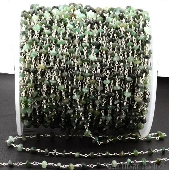 GemmartUSA Necklaces Emerald Beads Chain Silver Plated Wire Wrapped Rosary Chain GemmartUSA Necklaces Emerald Beads Chain Silver Plated Wire Wrapped Rosary Chain