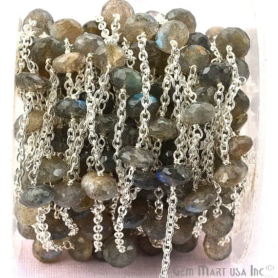 GemmartUSA Necklaces Labradorite Rondelle Beads Chain Silver Plated Wire Wrapped Rosary Chain GemmartUSA Necklaces Labradorite Rondelle Beads Chain Silver Plated Wire Wrapped Rosary Chain