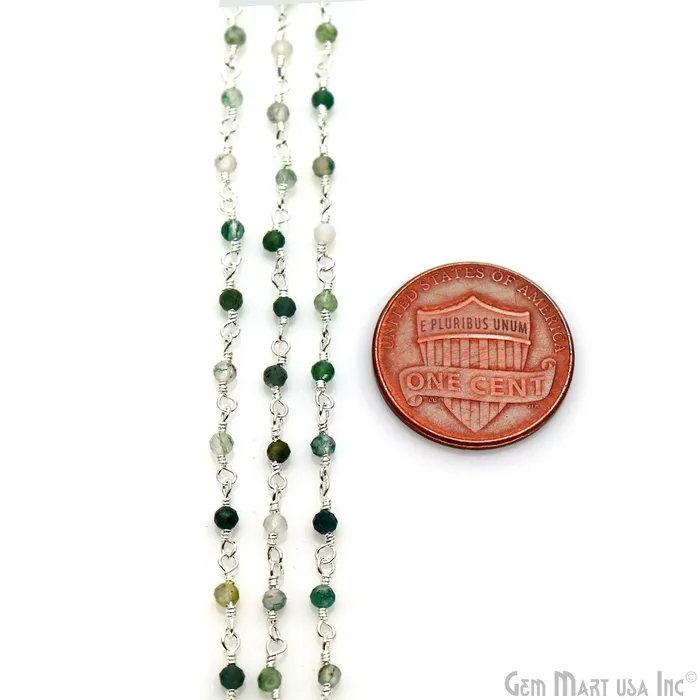 GemMartUSA Necklaces Moss Agate 225mm Tiny Beads Silver Plated Wire Wrapped Rosary Chain GemMartUSA Necklaces Moss Agate 225mm Tiny Beads Silver Plated Wire Wrapped Rosary Chain