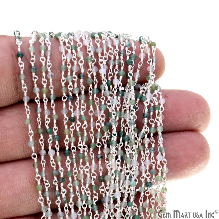GemMartUSA Necklaces Moss Agate 225mm Tiny Beads Silver Plated Wire Wrapped Rosary Chain GemMartUSA Necklaces Moss Agate 225mm Tiny Beads Silver Plated Wire Wrapped Rosary Chain