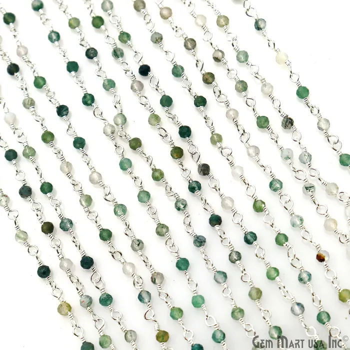 GemMartUSA Necklaces Moss Agate 225mm Tiny Beads Silver Plated Wire Wrapped Rosary Chain GemMartUSA Necklaces Moss Agate 225mm Tiny Beads Silver Plated Wire Wrapped Rosary Chain