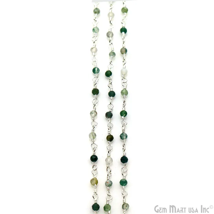 GemMartUSA Necklaces Moss Agate 225mm Tiny Beads Silver Plated Wire Wrapped Rosary Chain GemMartUSA Necklaces Moss Agate 225mm Tiny Beads Silver Plated Wire Wrapped Rosary Chain