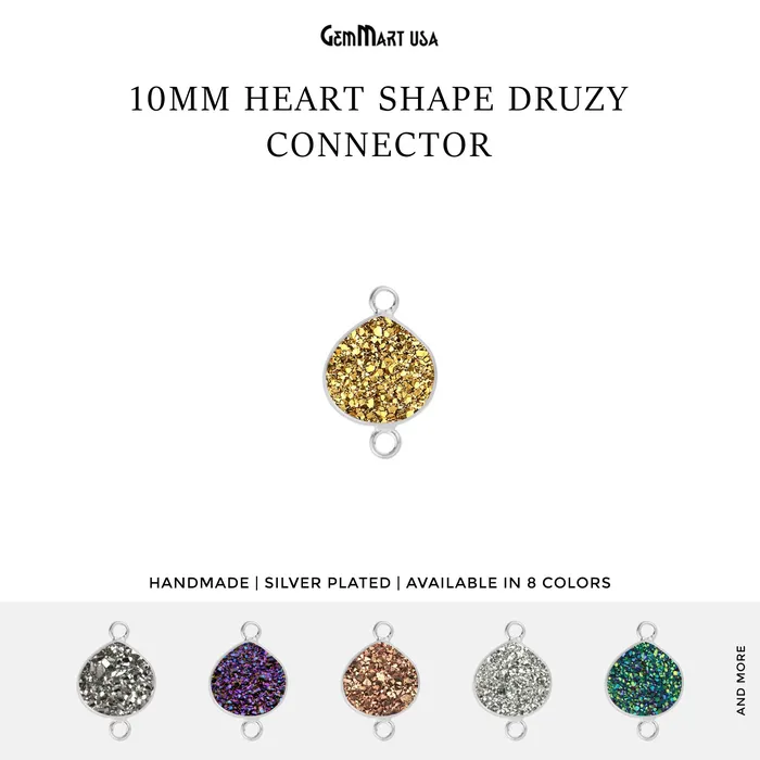 GemMartUSA Necklaces Natural Titanium Druzy 10mm Silver Double Bail Heart Bezel Connector GemMartUSA Necklaces Natural Titanium Druzy 10mm Silver Double Bail Heart Bezel Connector