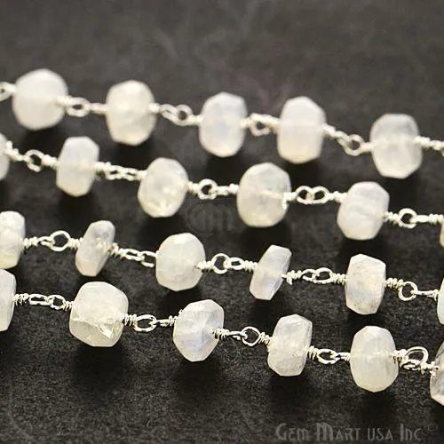 GemMartUSA Necklaces Rainbow Moonstone Silver Plated Wire Wrapped Rosary Chain
