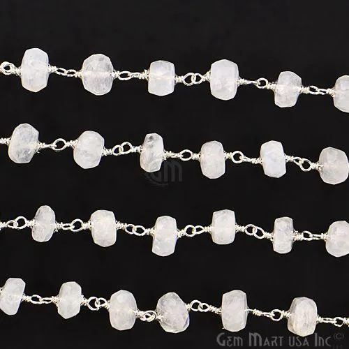 GemMartUSA Necklaces Rainbow Moonstone Silver Plated Wire Wrapped Rosary Chain