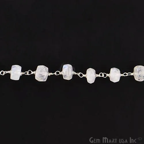 GemMartUSA Necklaces Rainbow Moonstone Silver Plated Wire Wrapped Rosary Chain