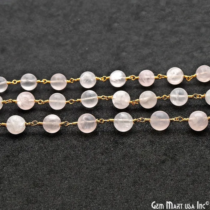 GemMartUSA Necklaces Rose Quartz Cabochon 78mm Gold Wire Wrapped Rosary Chain GemMartUSA Necklaces Rose Quartz Cabochon 78mm Gold Wire Wrapped Rosary Chain