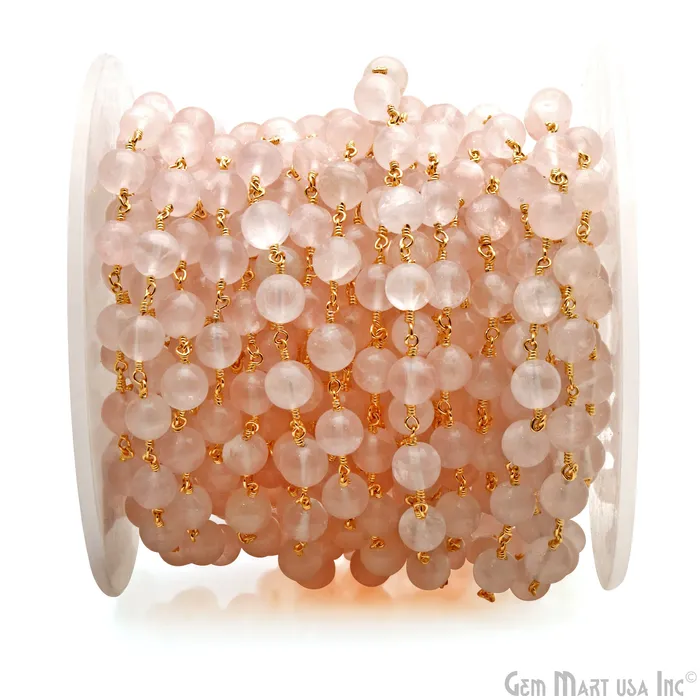 GemMartUSA Necklaces Rose Quartz Cabochon 78mm Gold Wire Wrapped Rosary Chain GemMartUSA Necklaces Rose Quartz Cabochon 78mm Gold Wire Wrapped Rosary Chain