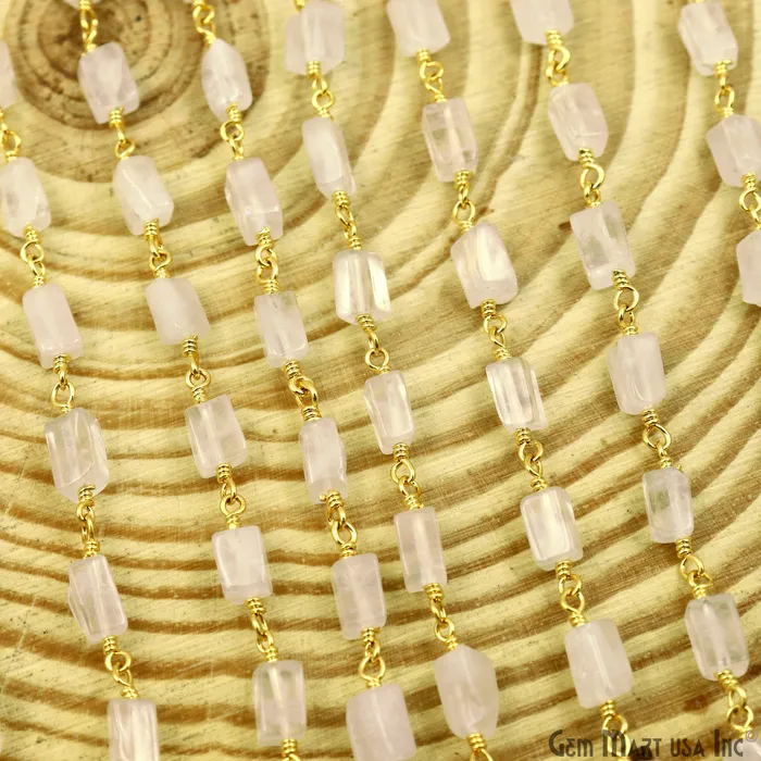 GemMartUSA Rose Quartz Tumble Beads 8x5mm Gold Wire Wrapped Rosary Chain Necklaces GemMartUSA Rose Quartz Tumble Beads 8x5mm Gold Wire Wrapped Rosary Chain Necklaces