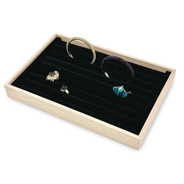 JPI Display Rings 11 34 x 7 34 Wood Black Velvet 9 Roll Ring Display Tray