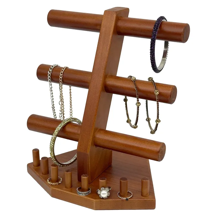 JPIDisplay Rings 3 Tier Oak Wood TBar Jewelry Display with 8 Ring Holders