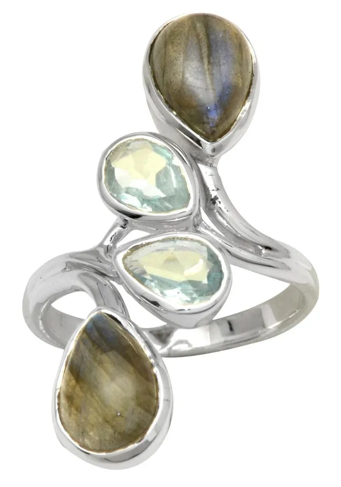 Labradorite Blue Topaz Solid 925 Sterling Silver Bypass Ring Jewelry YoTreasure Rings