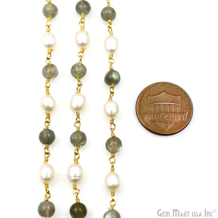Labradorite Cabochon With Pearl Oval Gold Wire Wrapped Rosary Chain GemMartUSA Necklaces